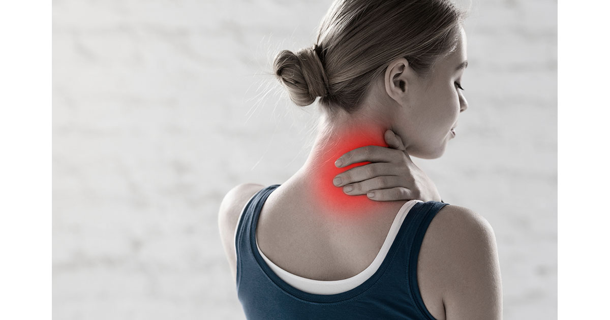 Sportswoman in athletic wear holding her neck, with a red inflammation indicator showing the site of pain