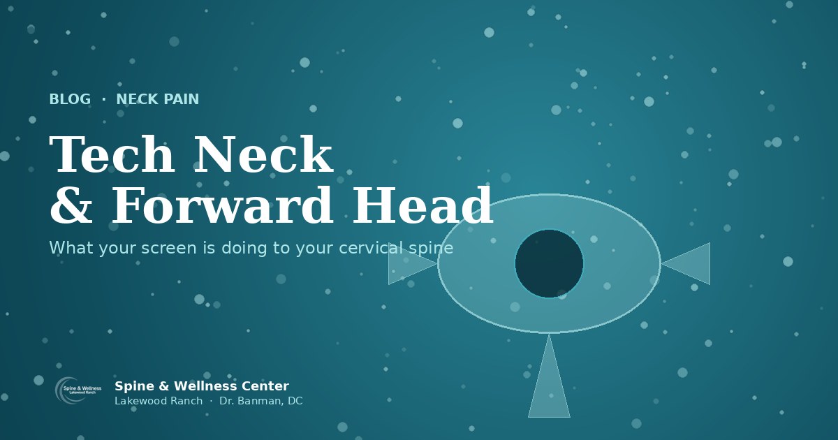 Woman in a light shirt grimacing and gripping her neck in pain, illustrating the neck strain and soreness that develops from tech neck and forward head posture